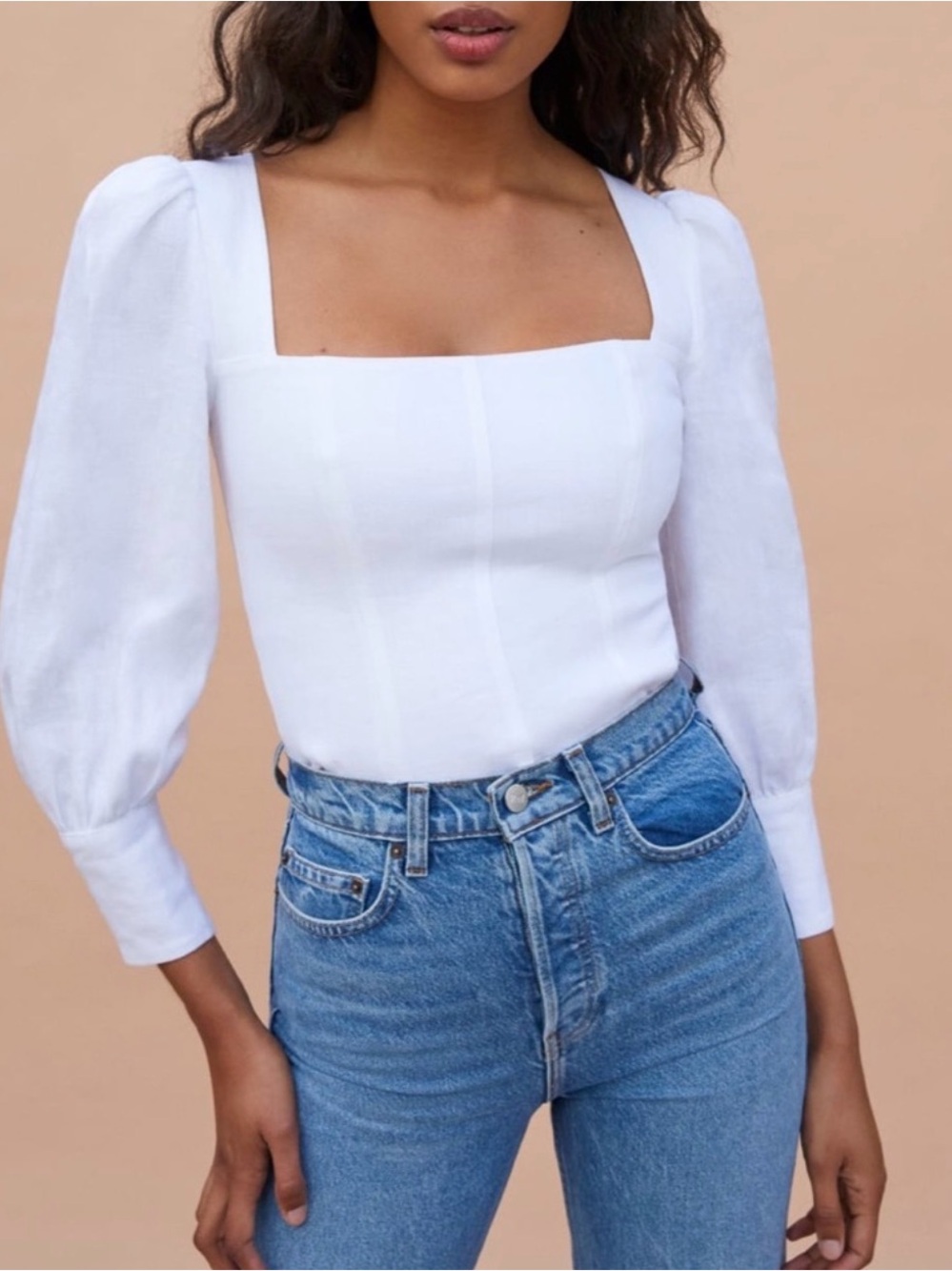 REFORMATION WHITE LINEN STILTON TOP SIZE 6 SQUARE NECK SMOCKED PUFF SLEEVE